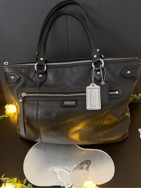 Coach Black Leather Tote with Front Zip Pocket and 2 Hang Tags